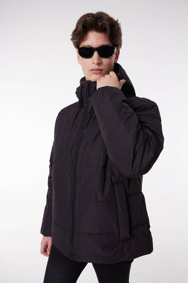 Regular Fit Hooded Black Puffer Jacket - 3