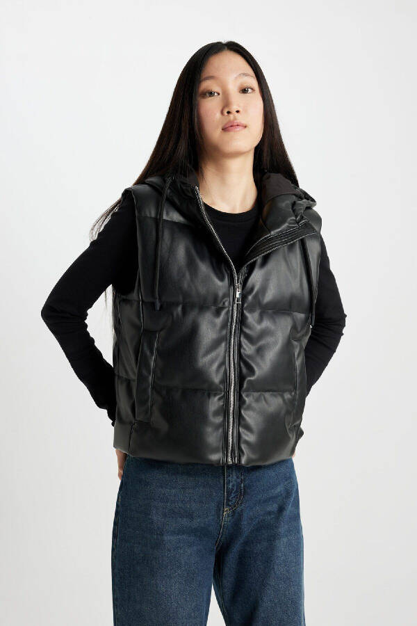 Regular Fit Hooded Faux Leather Puffer Vest C0919AX24AU - 3