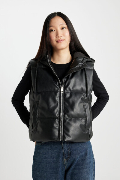 Regular Fit Hooded Faux Leather Puffer Vest C0919AX24AU - 5