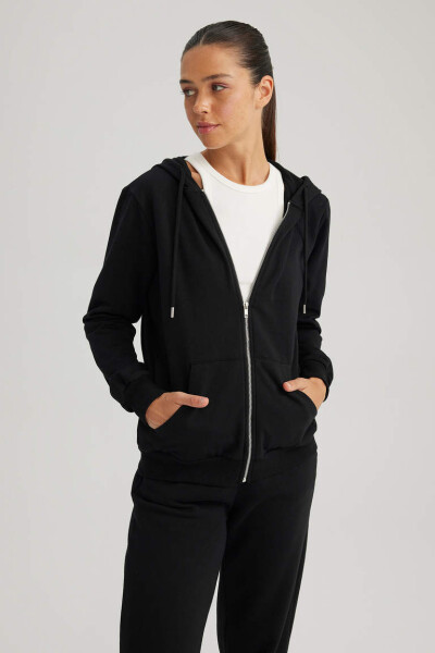 Regular Fit Hooded Zipper Sweatshirt Black - 1