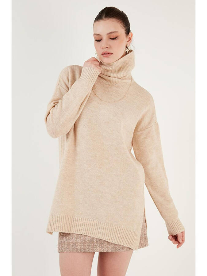 Regular Fit Long Knit Sweater with Side Slits and Turtleneck 4616141 - 3