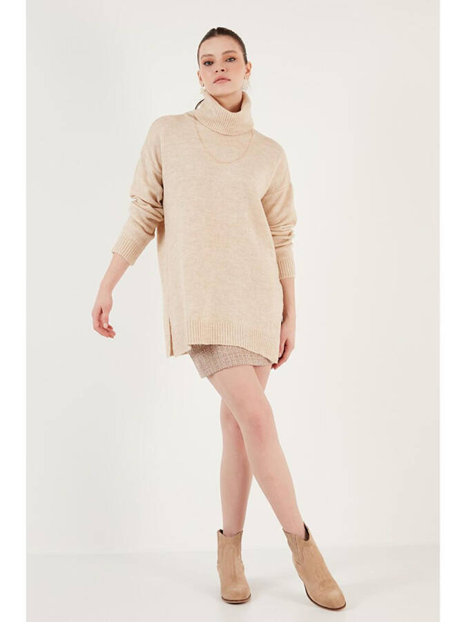 Regular Fit Long Knit Sweater with Side Slits and Turtleneck 4616141 - 4