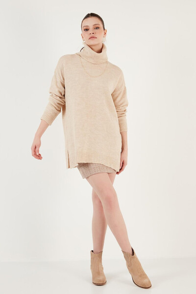 Regular Fit Long Knit Sweater with Side Slits and Turtleneck 4616141 - 4