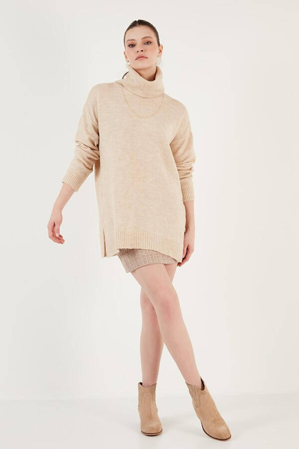 Regular Fit Long Knit Sweater with Side Slits and Turtleneck 4616141 - 4