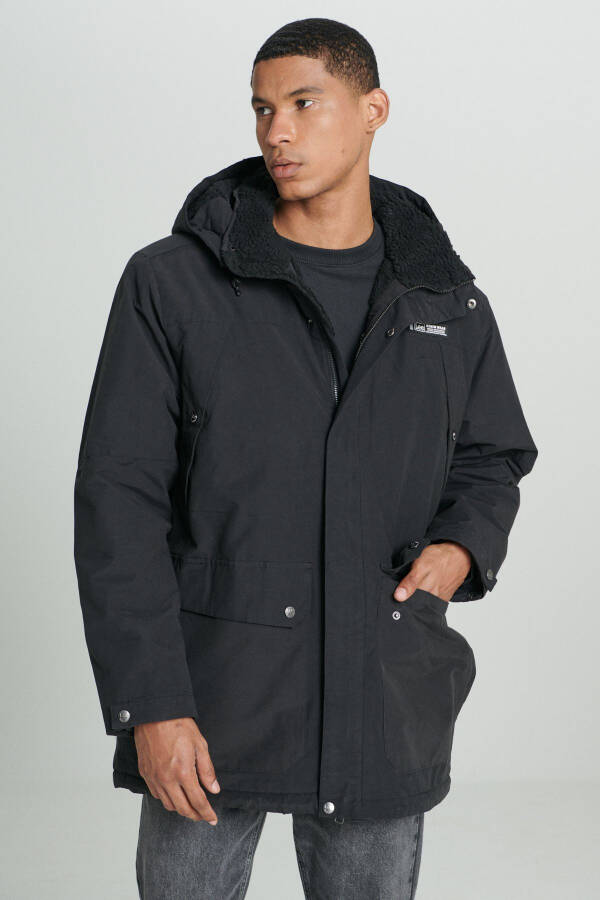 Regular Fit Normal Kesim Kapüşonlu Siyah Parka Ceket - 2