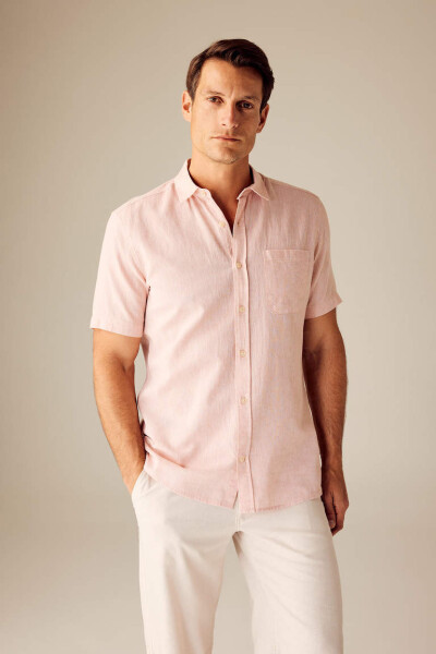 Regular Fit Polo Collar Linen Blend Short Sleeve Shirt Dusty Rose - 1