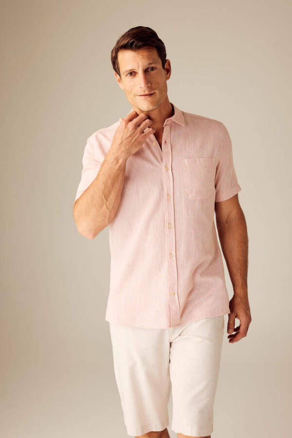 Regular Fit Polo Collar Linen Blend Short Sleeve Shirt Dusty Rose - 3