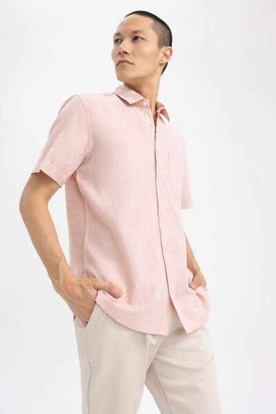 Regular Fit Polo Collar Linen Blend Short Sleeve Shirt Dusty Rose - 6