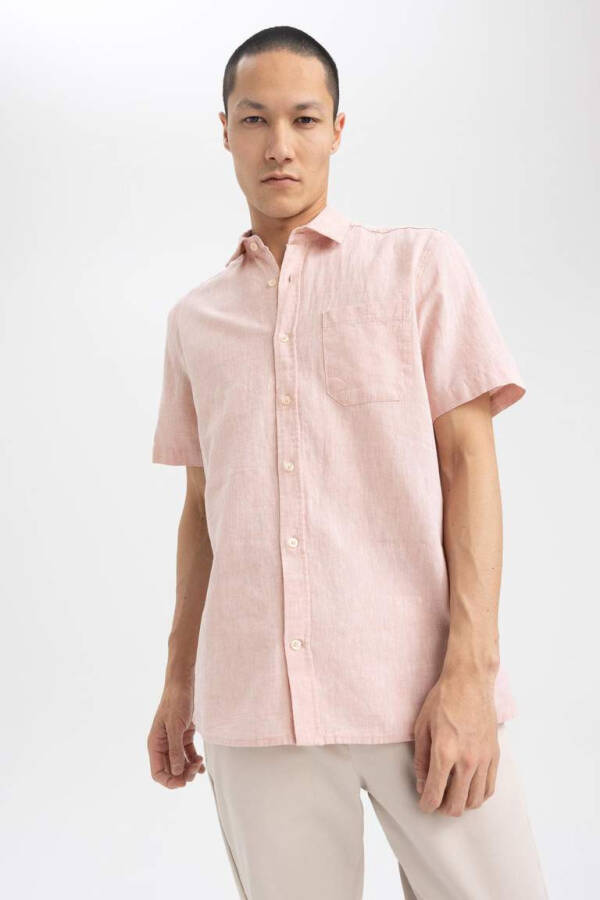 Regular Fit Polo Collar Linen Blend Short Sleeve Shirt Dusty Rose - 8