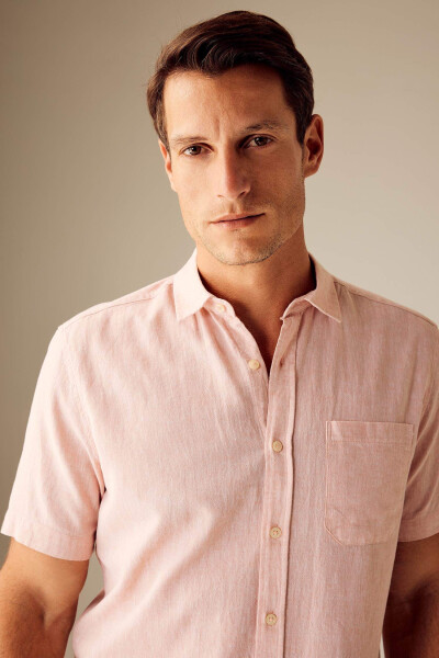 Regular Fit Polo Collar Linen Blend Short Sleeve Shirt Dusty Rose - 14