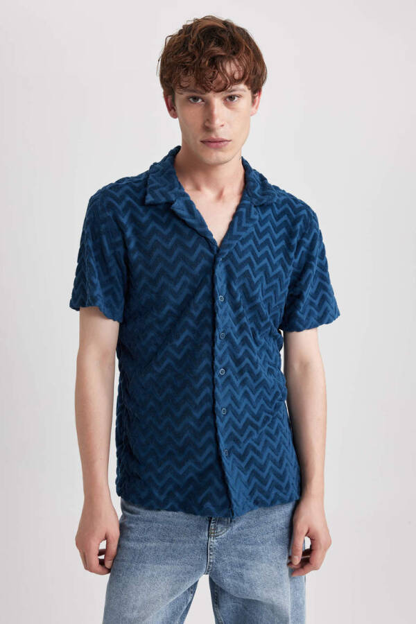 Regular Fit Printed Terrycloth Short Sleeve Shirt Indigo - 1