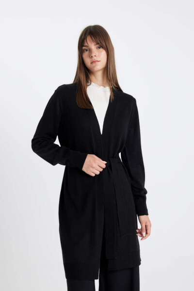 Regular Fit Shawl Collar Long Knit Cardigan Black - 3