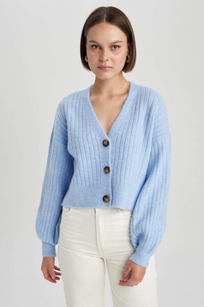 Regular Fit V-Neck Knit Cardigan Blue - 1