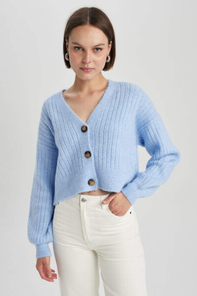 Regular Fit V-Neck Knit Cardigan Blue - 3