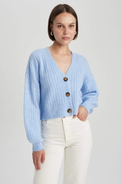 Regular Fit V-Neck Knit Cardigan Blue - 4