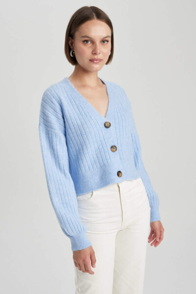 Regular Fit V-Neck Knit Cardigan Blue - 5