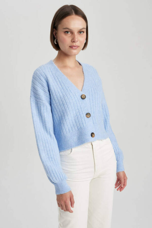 Regular Fit V-Neck Knit Cardigan Blue - 5