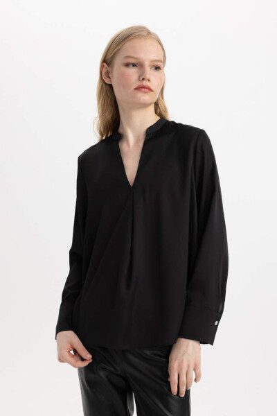 Regular Fit V Neck Satin Long Sleeve Blouse Black - 1