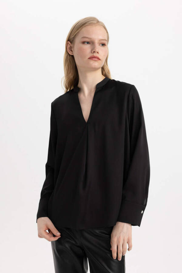 Regular Fit V Neck Satin Long Sleeve Blouse Black - 1