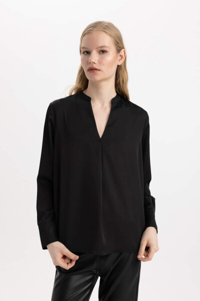 Regular Fit V Neck Satin Long Sleeve Blouse Black - 3