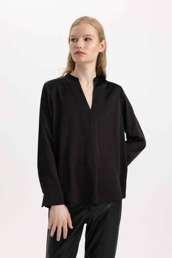 Regular Fit V Neck Satin Long Sleeve Blouse Black - 4