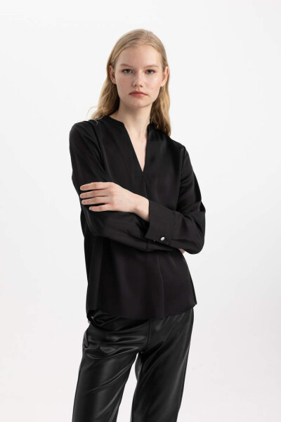 Regular Fit V Neck Satin Long Sleeve Blouse Black - 5