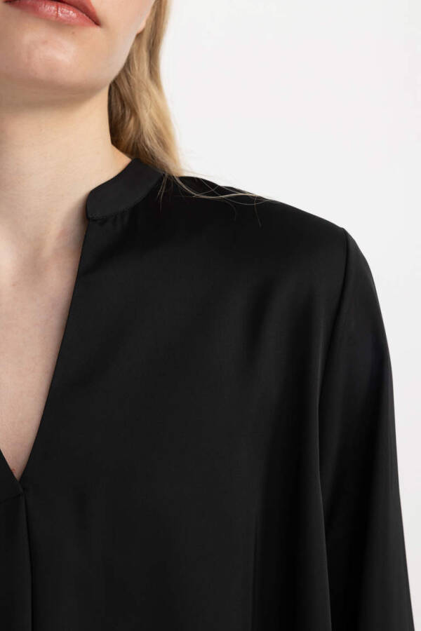 Regular Fit V Neck Satin Long Sleeve Blouse Black - 6