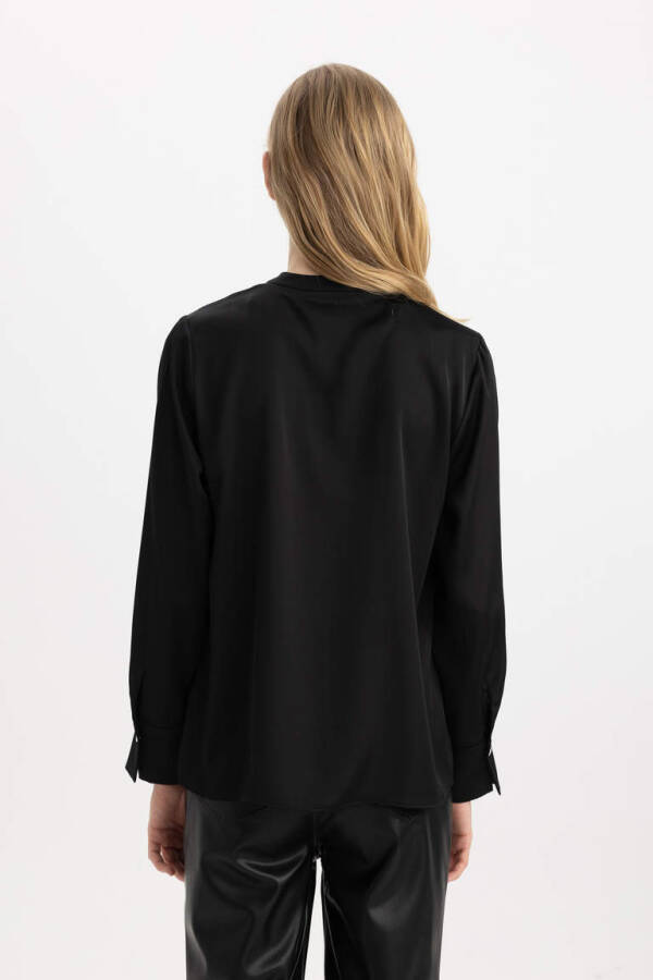 Regular Fit V Neck Satin Long Sleeve Blouse Black - 7