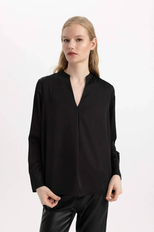 Regular Fit V Neck Satin Long Sleeve Blouse Black - 8