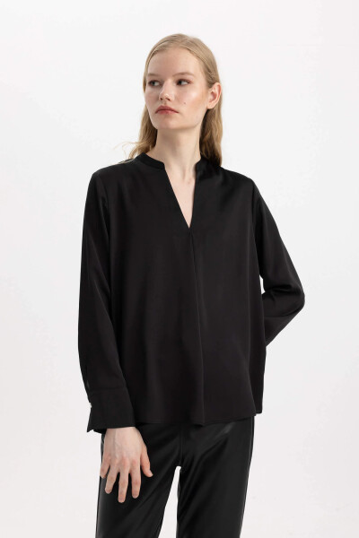 Regular Fit V Neck Satin Long Sleeve Blouse Black - 9