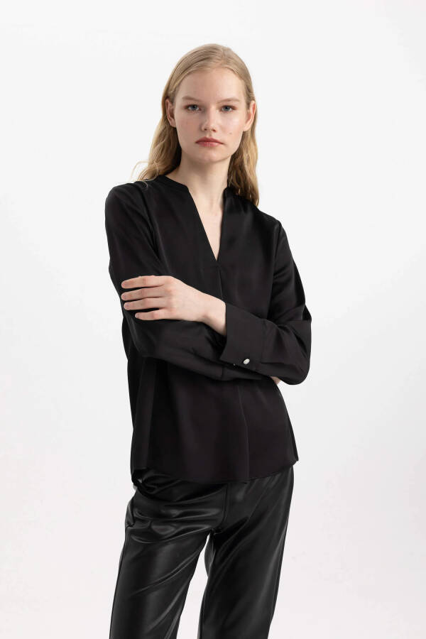 Regular Fit V Neck Satin Long Sleeve Blouse Black - 10