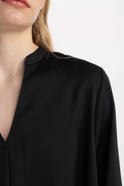 Regular Fit V Neck Satin Long Sleeve Blouse Black - 11