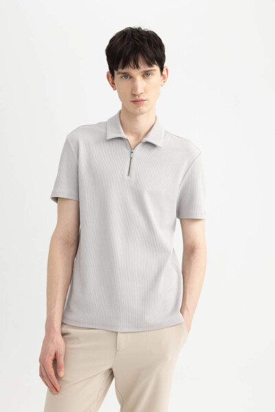 Regular Fit Zipper Collar Short Sleeve Polo Shirt Light Grey - 1