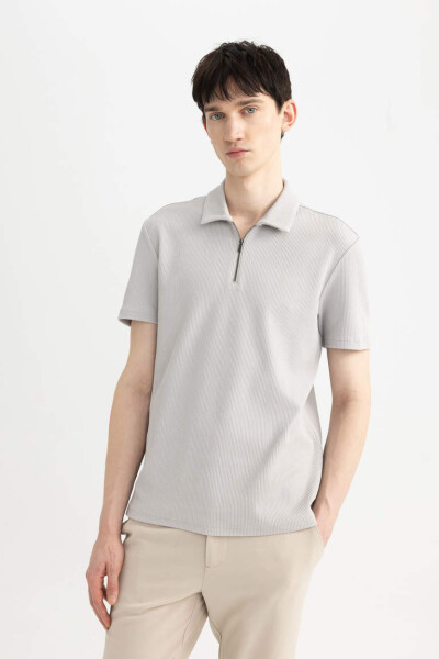 Regular Fit Zipper Collar Short Sleeve Polo Shirt Light Grey - 3