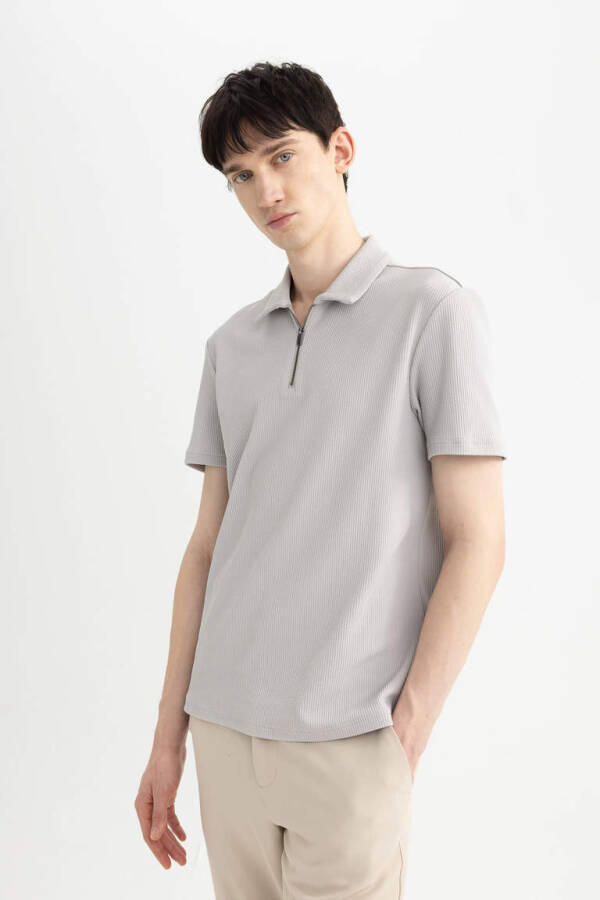 Regular Fit Zipper Collar Short Sleeve Polo Shirt Light Grey - 4