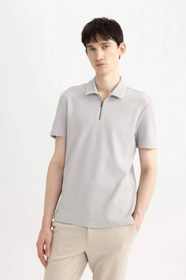 Regular Fit Zipper Collar Short Sleeve Polo Shirt Light Grey - 9