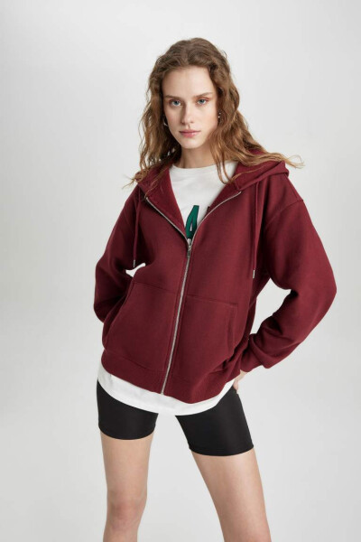 Relax Fit Hooded Zip-Up Sweatshirt Burgundy - 4