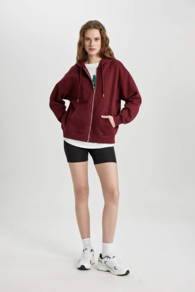 Relax Fit Hooded Zip-Up Sweatshirt Burgundy - 5