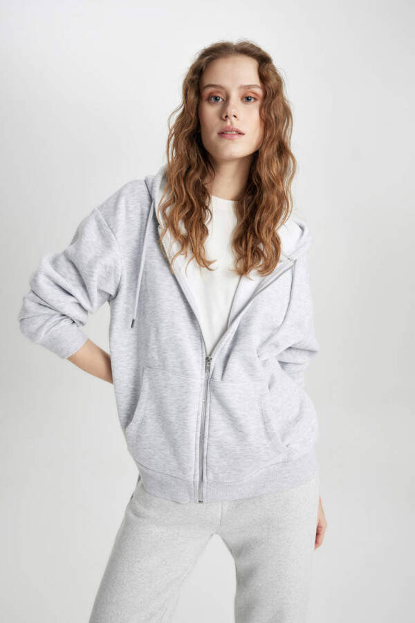 Relax Fit Hooded Zip-Up Sweatshirt Grey Melange - 7