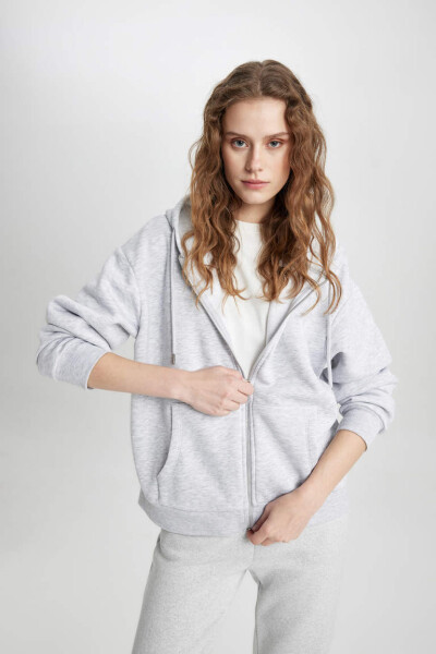 Relax Fit Hooded Zip-Up Sweatshirt Grey Melange - 10