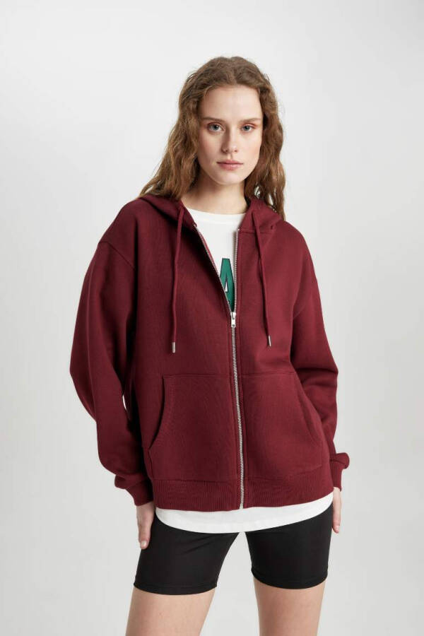 Relax Fit Kapüşonlu Fermuarlı Sweatshirt Bordo - 6