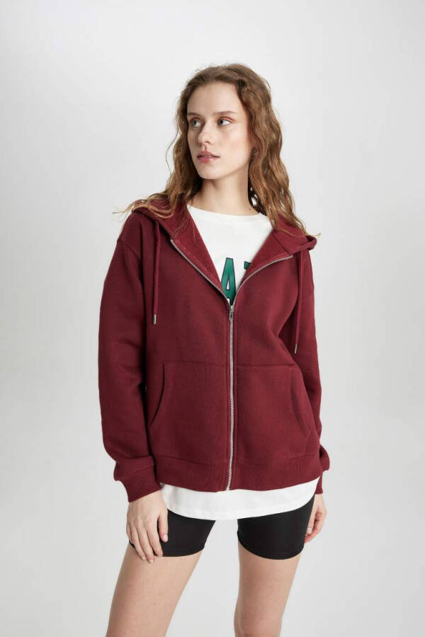 Relax Fit Kapüşonlu Fermuarlı Sweatshirt Bordo - 7