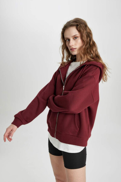 Relax Fit Kapüşonlu Fermuarlı Sweatshirt Bordo - 8