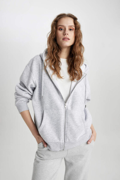 Relax Fit Kapüşonlu Fermuarlı Sweatshirt Gri Melanj - 9