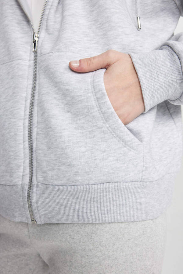 Relax Fit Kapüşonlu Fermuarlı Sweatshirt Gri Melanj - 11