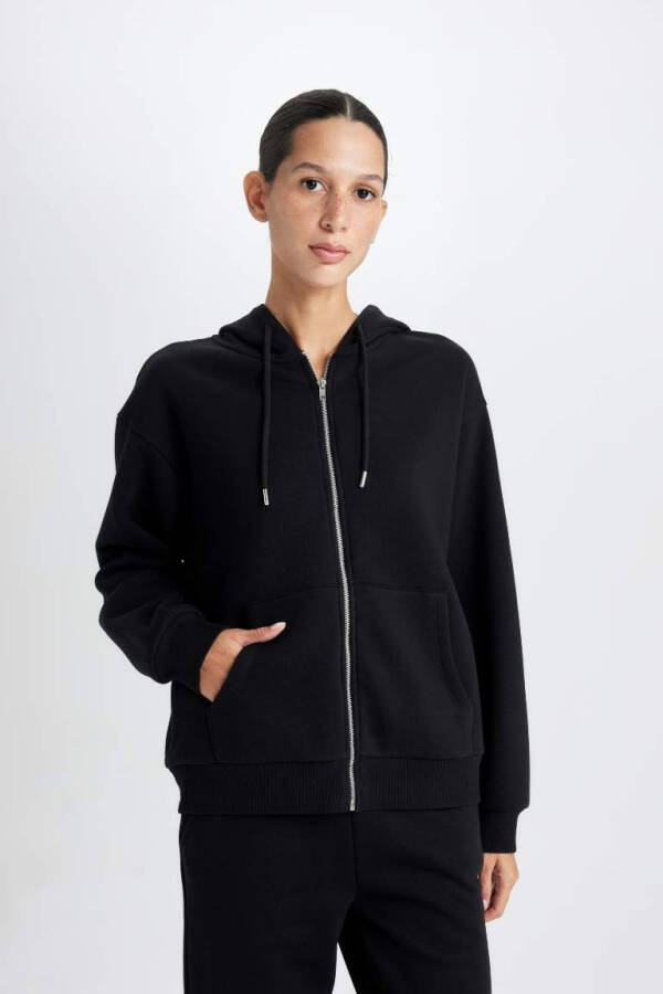 Relax Fit Kapüşonlu Fermuarlı Sweatshirt Siyah - 1