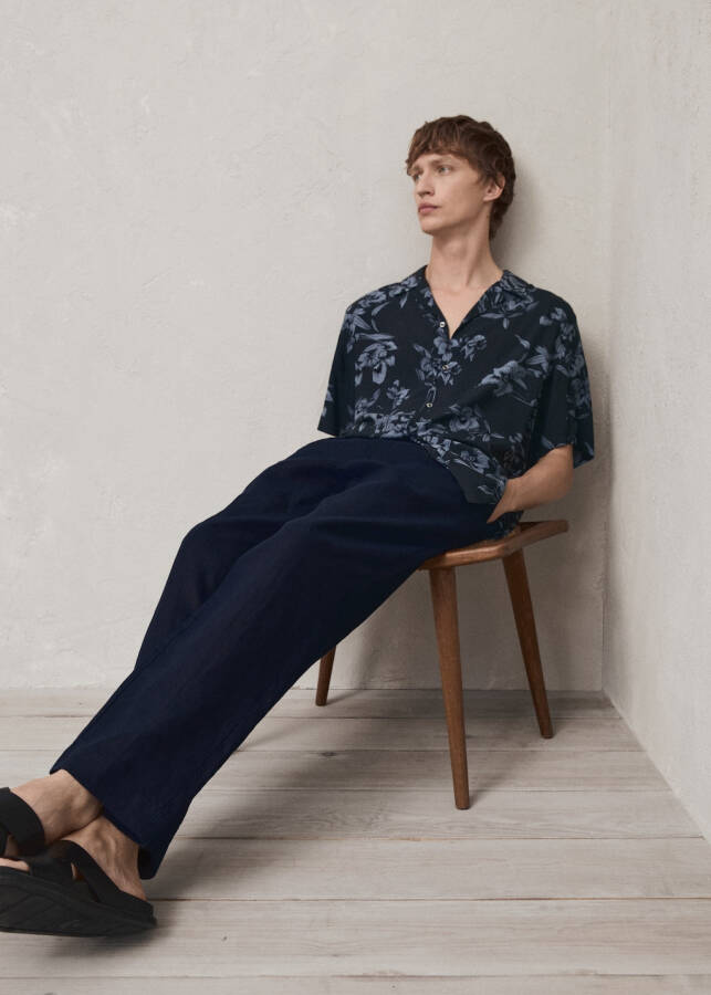 Relaxed fit, 100% linen pants - Navy - 1