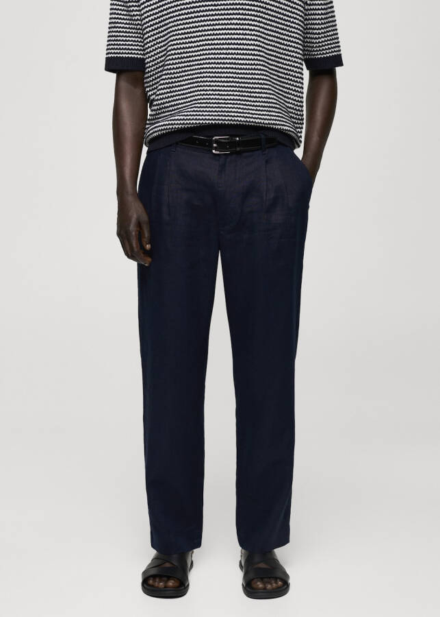 Relaxed fit, 100% linen pants - Navy - 7