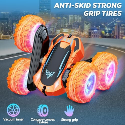 Remote Control Car, 2.4GHz Electric Race Stunt Car, Double Sided 360° Rolling Rotating Rotation, LED Headlights RC 4WD High Speed Off Road Gift for 3 4 5 6 7 8-12 Year Old Boy Toys (Orange) - 4