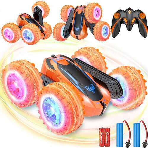 Remote Control Car, 2.4GHz Electric Race Stunt Car, Double Sided 360° Rolling Rotating Rotation, LED Headlights RC 4WD High Speed Off Road Gift for 3 4 5 6 7 8-12 Year Old Boy Toys (Orange) - 2